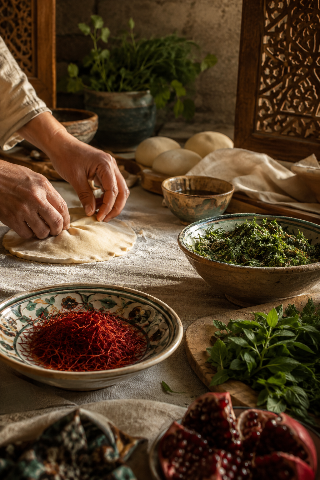 میز آمادهسازی با زعفران و سبزی تازه